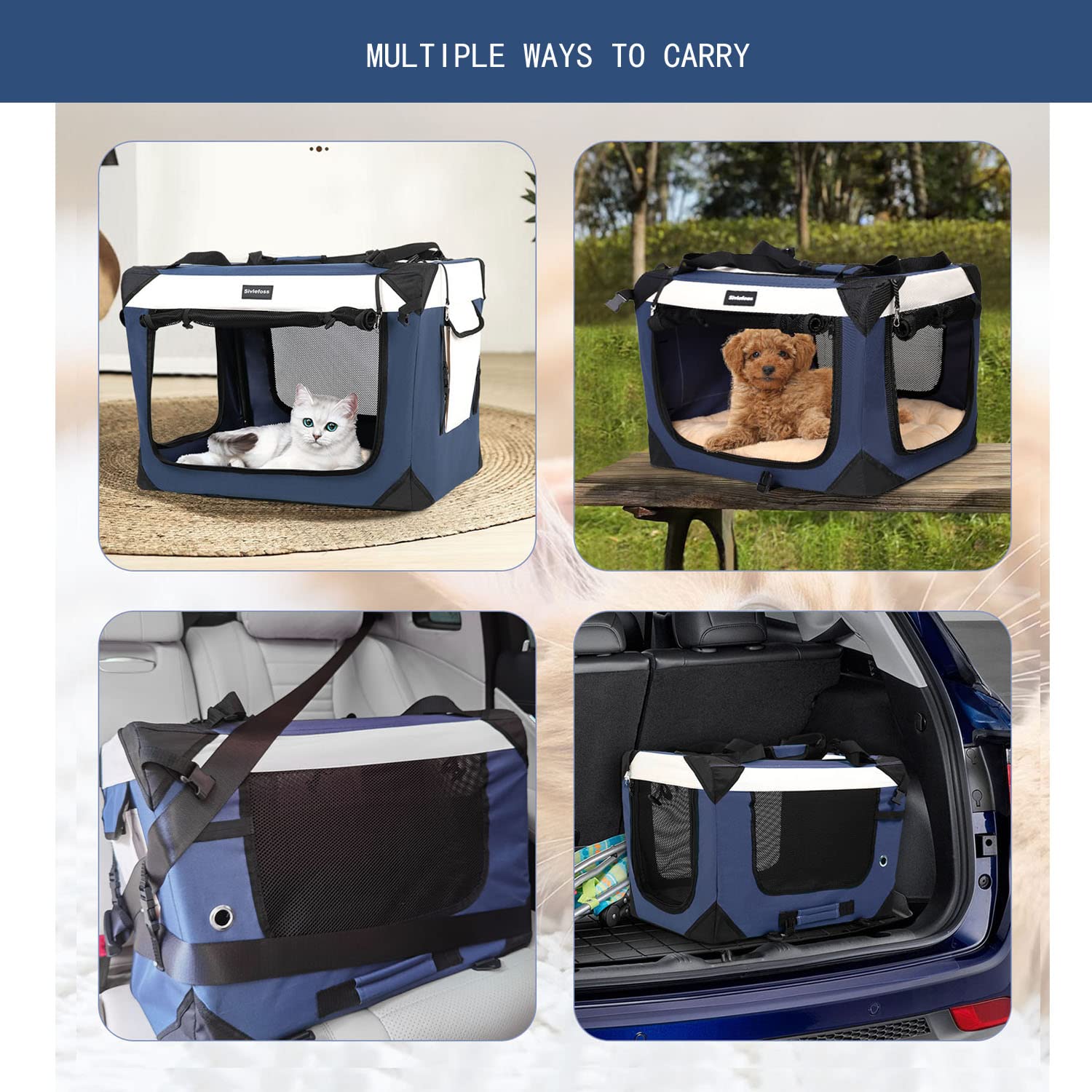 Sivlefoss Large Cat Carrier, Collapsible Dog Travel Crate Portable Soft-Sided Pet Carrier with Super Soft Warm Plush Mat for Indoor and Outdoor 20x14x14in,Navy Blue