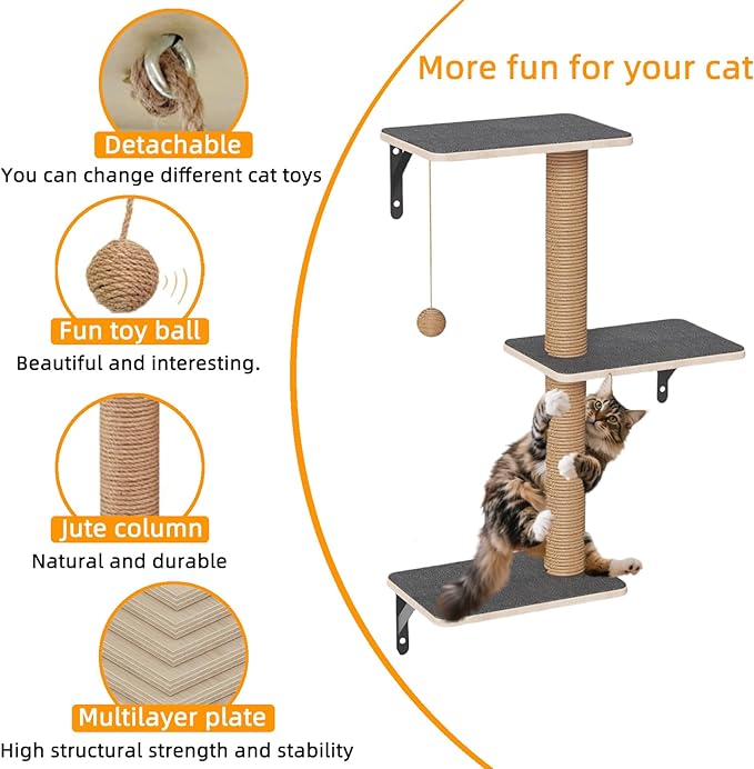HHOFURN 5-in-1 Cat Wall Shelves Set with Hammock, Wall-Mounted Cat Furniture Includes Condo, Bridge, Ladder & Steps for Indoor Cats, Safe & Stable (Gray)