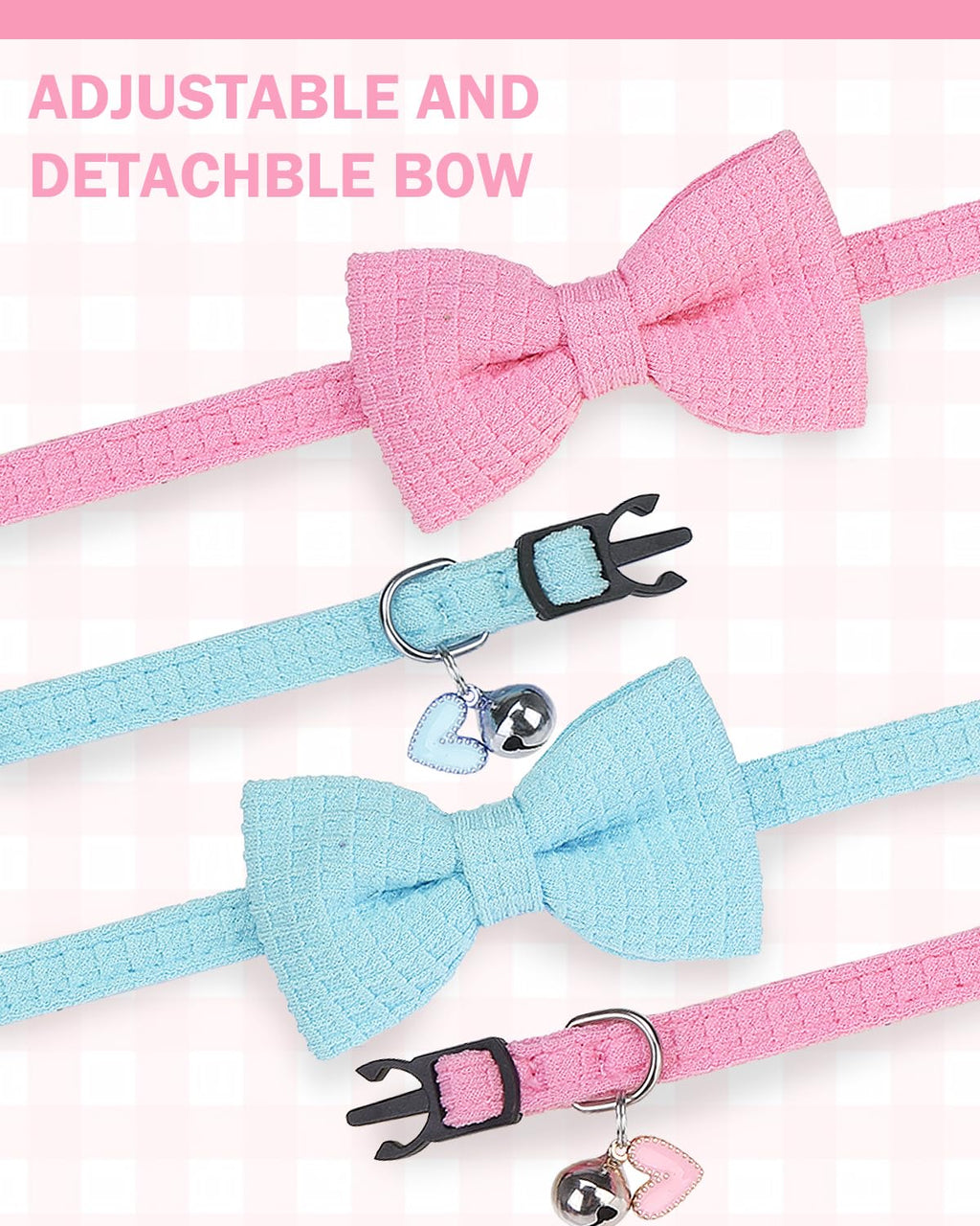 DILLYBUD Cat Collar Breakaway with Bells, Soft Cotton Pink Cat Bowtie Collar for Girl Cats, Small Cats Collar with Bow for Spring Summer, 2 Pack Cute Kitten Collars with Removable Bowtie 8-12Inch