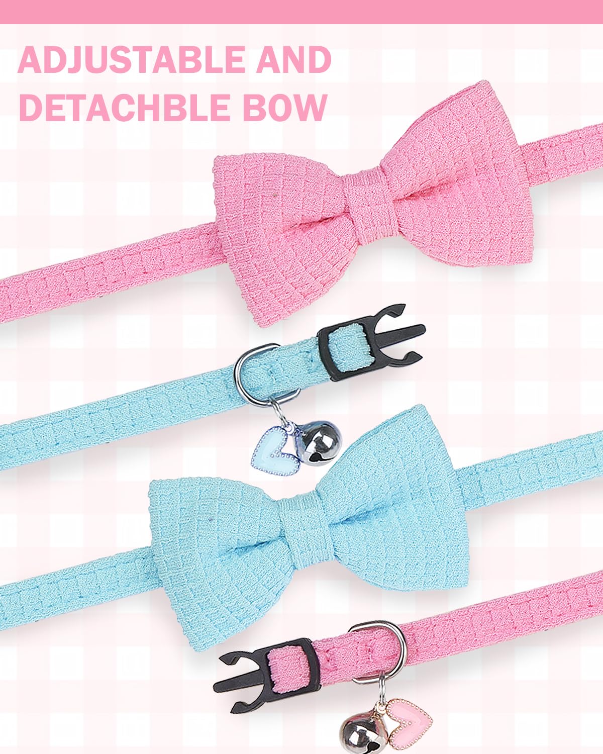DILLYBUD Cat Collar Breakaway with Bells, Soft Cotton Pink Cat Bowtie Collar for Girl Cats, Small Cats Collar with Bow for Spring Summer, 2 Pack Cute Kitten Collars with Removable Bowtie 8-12Inch