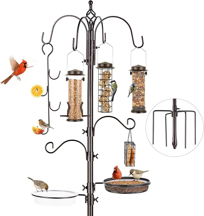 Bird Feeding Station Kit with Squirrel Baffle Bird Feeder Pole with Suet Cage Mesh Tray Fruit Hook Double W Hook for Attracting Wild Birds and Hanging Planter Hanger Lights