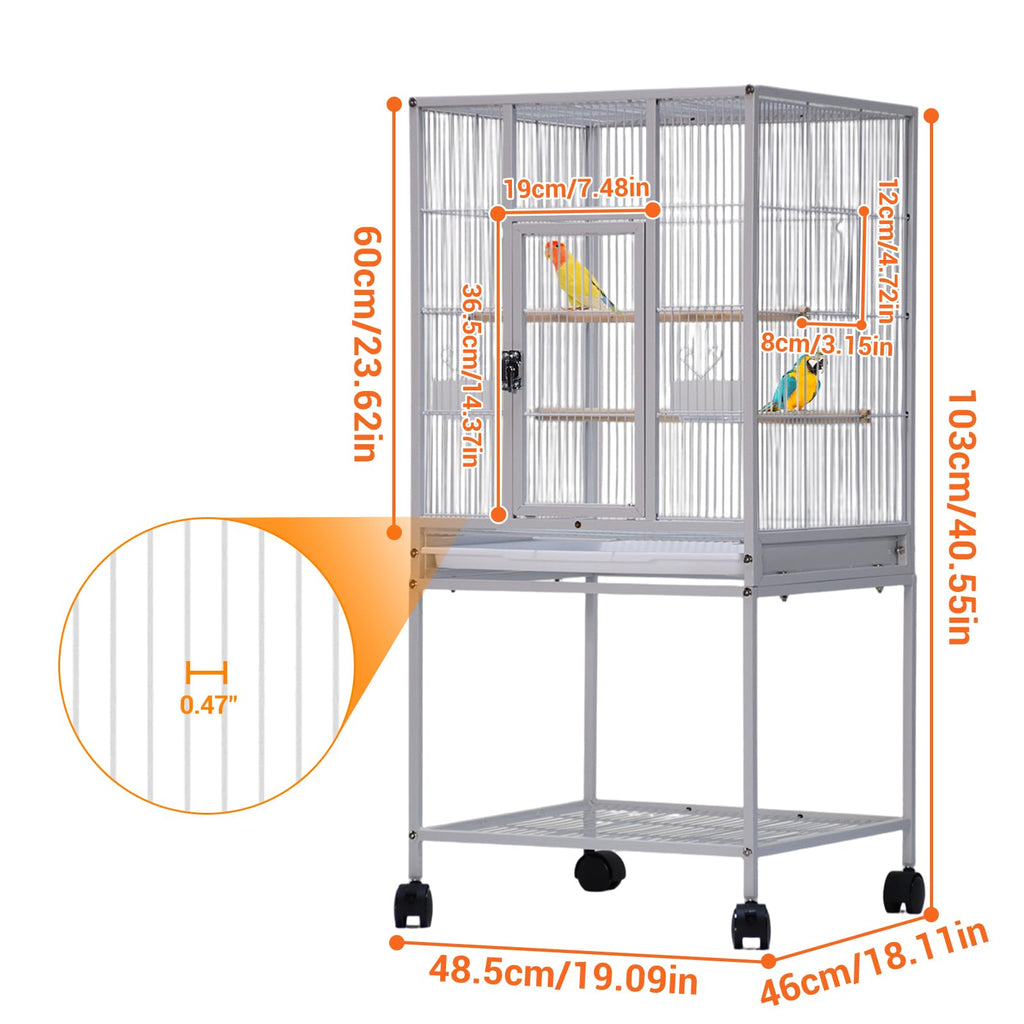 52'' Wrought Iron Birdcage with Detachable Rolling Stand & Feeder, Large Bird Cage with Secure Lock & Slide-Out Tray, Indoor Outdoor Bird Cage on Wheels,Parrot Cages for Parakeets, Pigeons, White