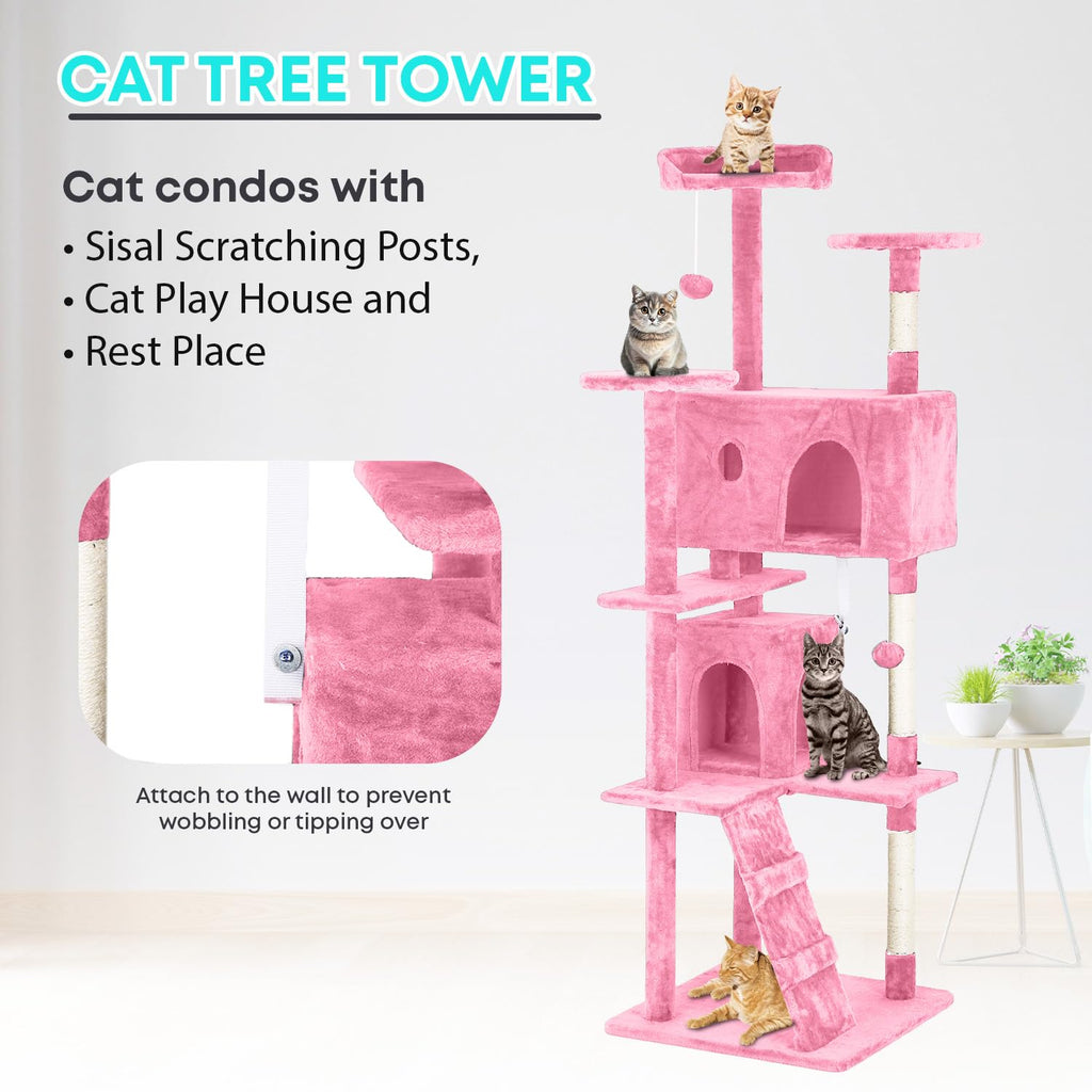 FDW | 70" Cat Tree Tower | Pink | Multi-Level Indoor Activity Center with Sisal Scratching Posts, Condos, Plush Perches, Hanging Cat Toys | Sturdy, Easy to Assemble | for Kittens & Adult Cats