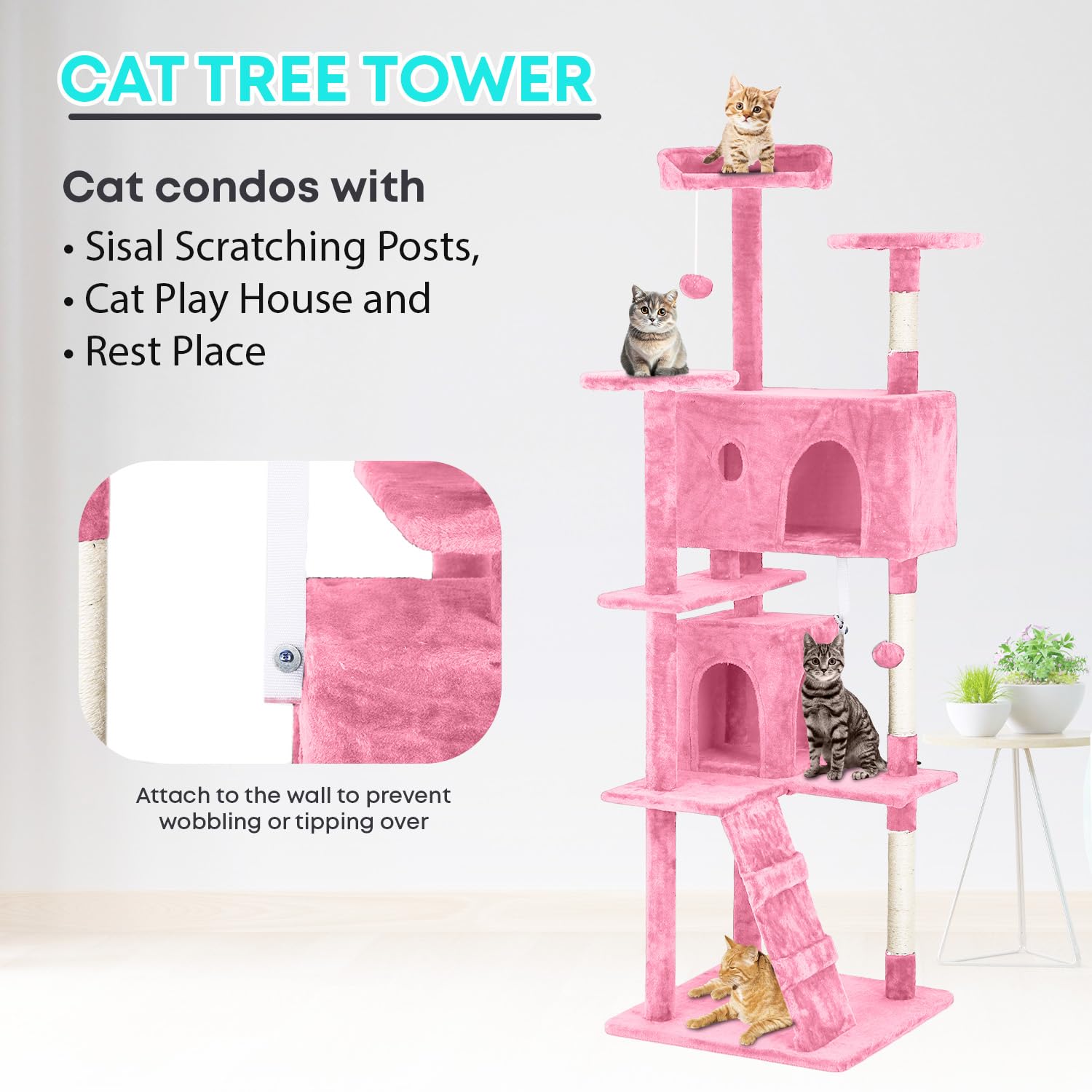 FDW | 70" Cat Tree Tower | Pink | Multi-Level Indoor Activity Center with Sisal Scratching Posts, Condos, Plush Perches, Hanging Cat Toys | Sturdy, Easy to Assemble | for Kittens & Adult Cats