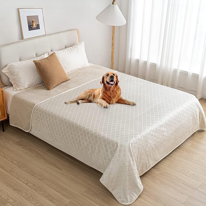 fuguitex Waterproof Dog Blanket Bed Cover Dog Crystal Velvet Moroccan Fuzzy Cozy Plush Pet Blanket Throw Blanket for Couch Sofa(30 * 70 inch, Cream+Beige)