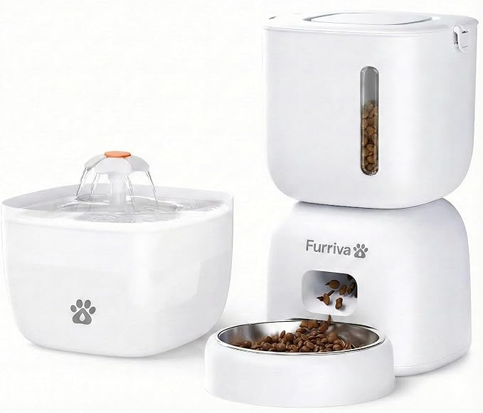 Automatic Cat Feeder and Water Fountain Set, White - 3L Food and Water Dispenser, Locking Lid, Plug-in/Battery Powered, Programmable Portions, 4 Meals/Day, 10s Voice Recorder for Cats and Small Dogs