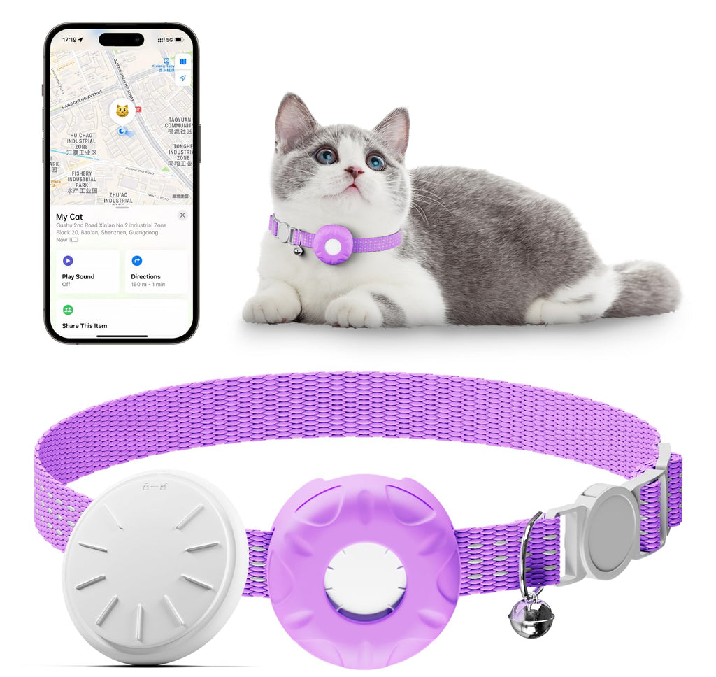 Cat Tracker, Waterproof Pet Tracker for Cats, Cat GPS Tracker Collar with Safety Elastic Buckle, Works with Any Collar, GPS Tracker Compatible with Apple Find My App (Only iOS), No Monthly Fee, Purple