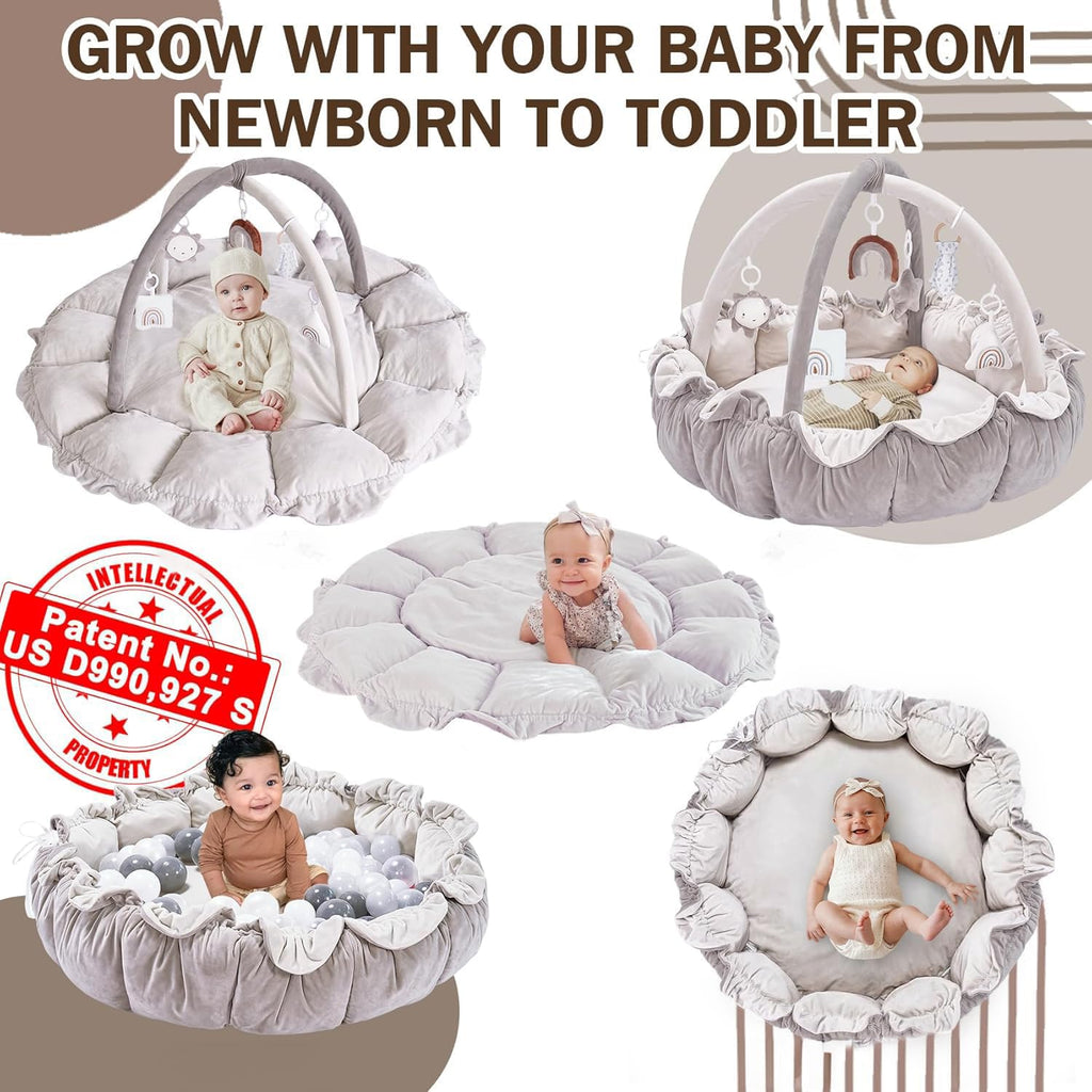 Little Dove 5-in-1 Convertible Baby Play Gym with 6 Toys, Tummy Time Mat for Sensory Development, Baby Activity Center from Newborn to Toddler, Ball Pit, Soft Plush Pet Mat, No Ball Included Grey