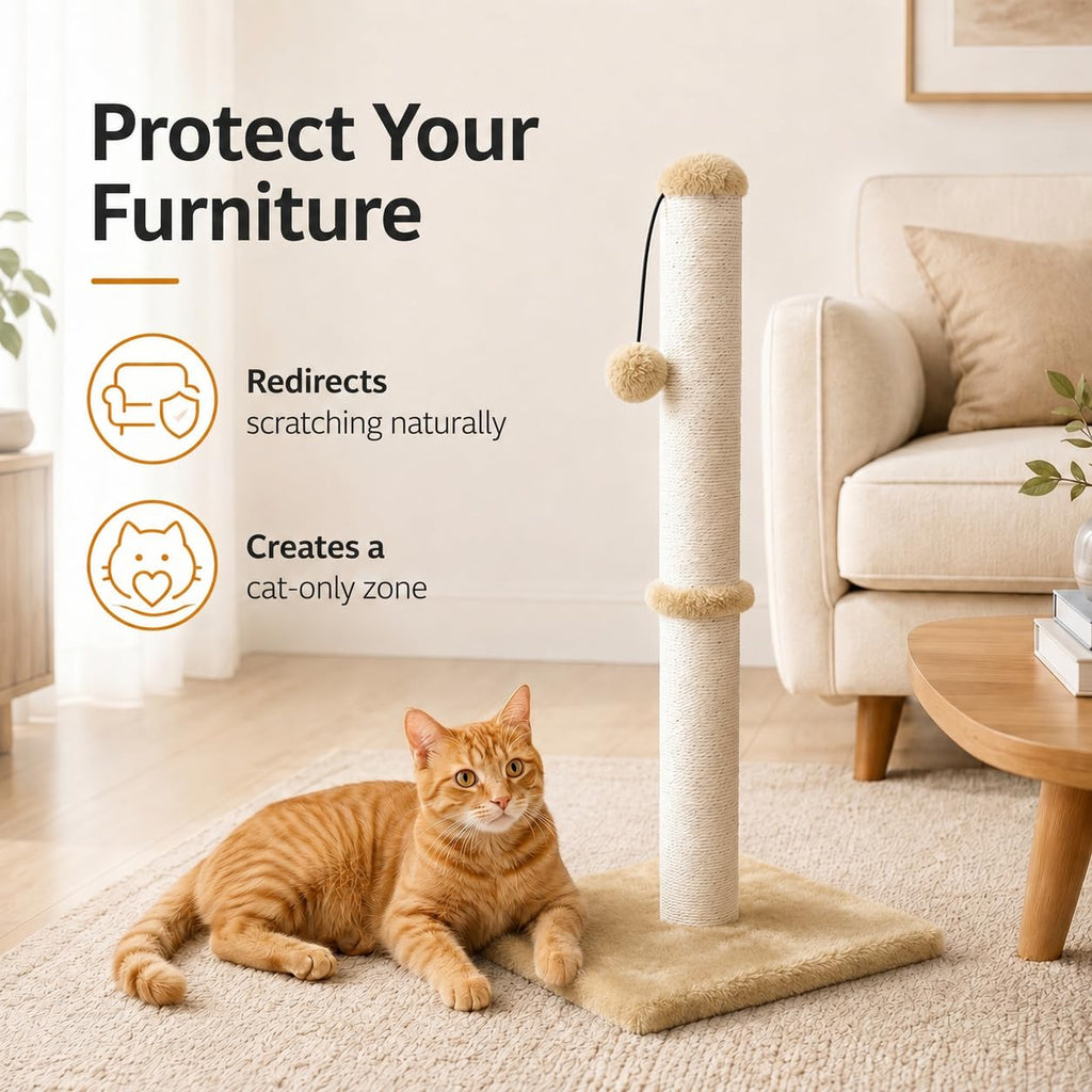 Dimaka 29" Height Tall Cat Scratching Post, Claw Scratcher with Sisal Rope and Covered with Soft Smooth Plush, Vertical Scratch [Full Strectch] for Standard Size Cats (Light Brown, 29 inches)