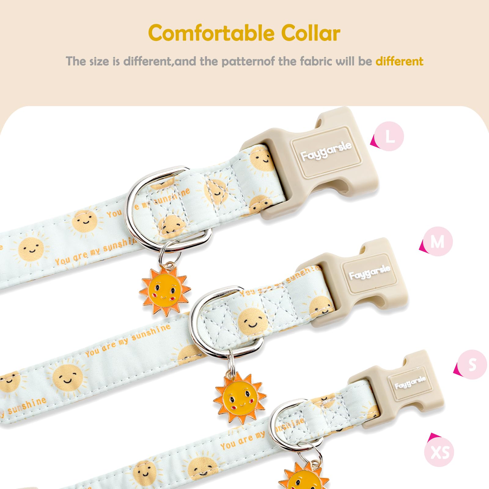 Faygarsle Sunshine Pattern Dog Collar, Adjustable Cotton Fabric, Cute Design for Small Medium Large Dogs, L