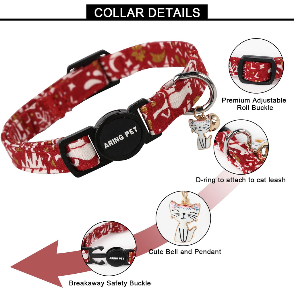 ARING PET 2 Pack Christmas Cat Collars-Cute Cat Collar Breakaway with Bell&Pendant, Adjustable Red Green Kitten Collars with Safety Buckle for Girl and Boy Cats