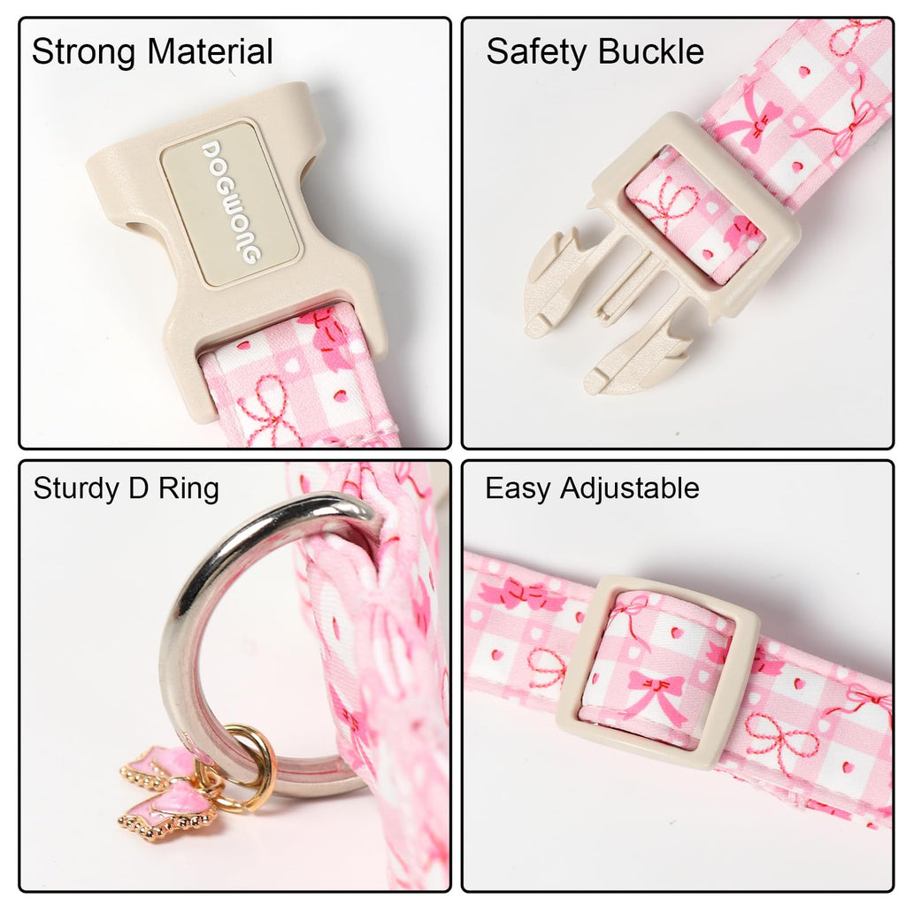 DOGWONG Pink Plaid Dog Collar-Cute Pink Bowtie Print Dog Collar, Adjustable Cotton Girl Female Pet Collar Pink Puppy Collars with Quick Release Buckle,XS
