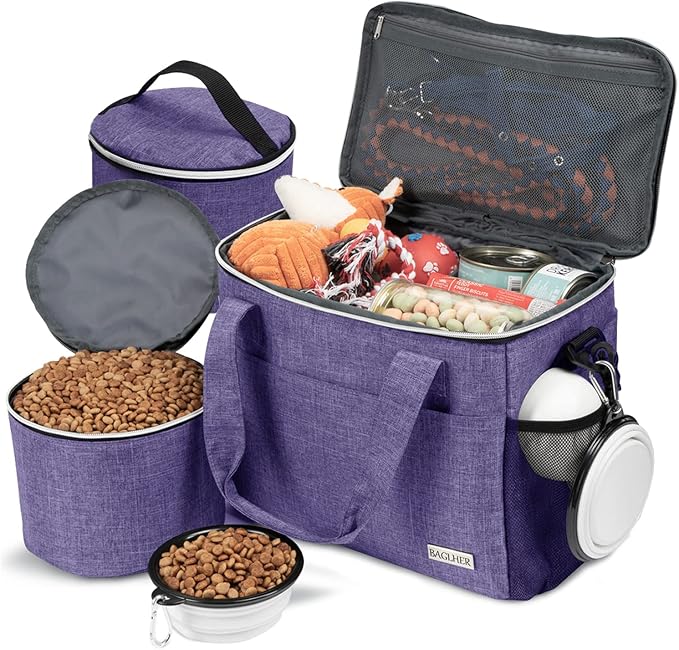 BAGLHER Dog Travel Bag Backpack Pet Supplies Backpack 5-Piece Set with Shoulder Strap 2 Lined Pet Food Containers 2 Foldable Feeding Bowls Essential Kit for Pet Travel