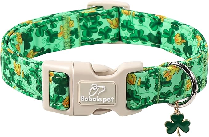 Babole Pet St. Patrick's Day Dog Collar for Small Dogs - Green Shamrock & Yellow Flower Print Dog Collars, Cute Irish Party Puppy Collar, Lightweight Adjustable St. Patricks Day Pet Collars XS