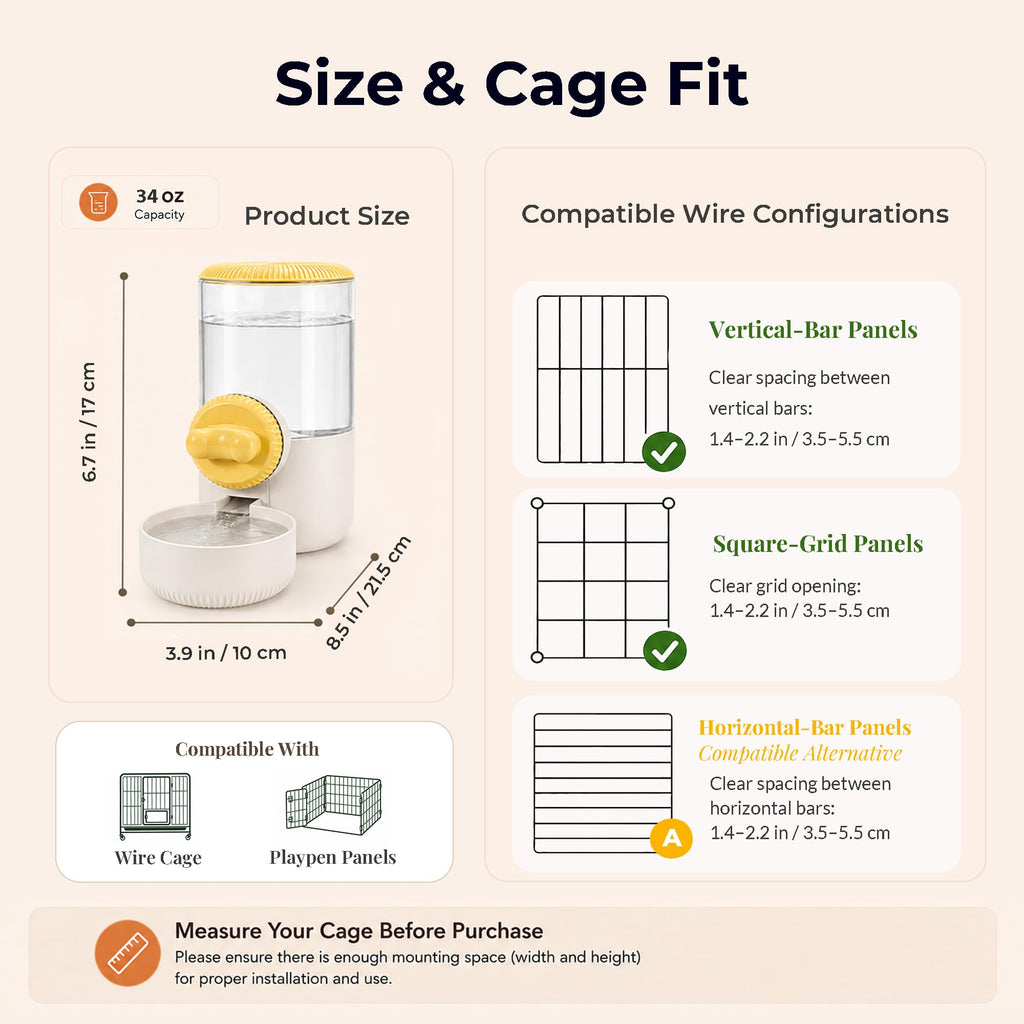 34 oz Cage-Hanging Gravity Water Bowl & Pet Water Dispenser