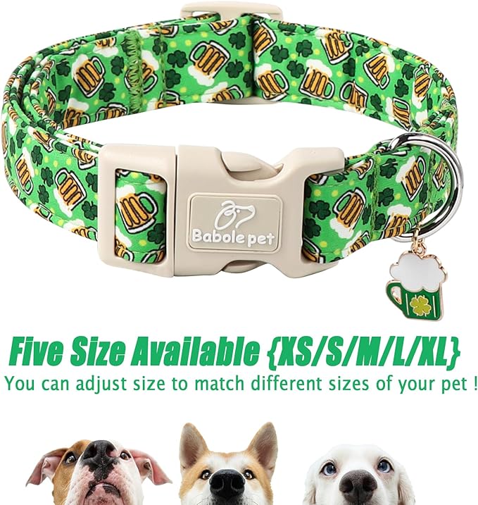 Babole Pet St Patricks Day Dog Collar for Medium Dogs - Green Beer Shamrock Dog Collars for Boys&Girls Dogs, Adjustable Irish Clover Puppy Collar with Quick Release Buckle M