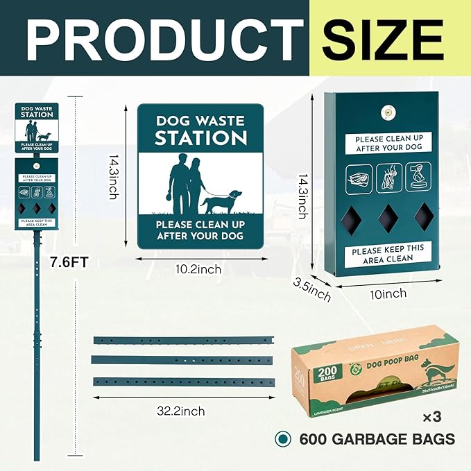 Qinyoung Dog Waste Station with Bags Galvanized Steel Outdoor Pet Bin Dispenser Reflective Sign Rust Proof System for Backyard Commercial Park(1 Pack)