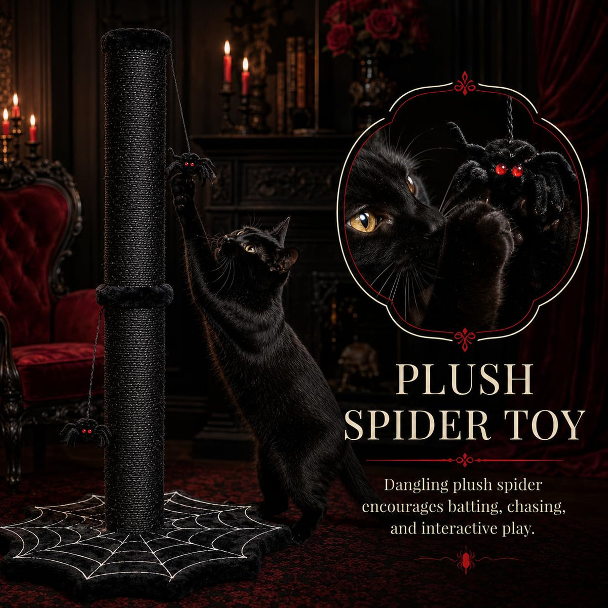 PuzzlePaw Gothic Cat Scratching Post with Spider Toys for Indoor Large Cats