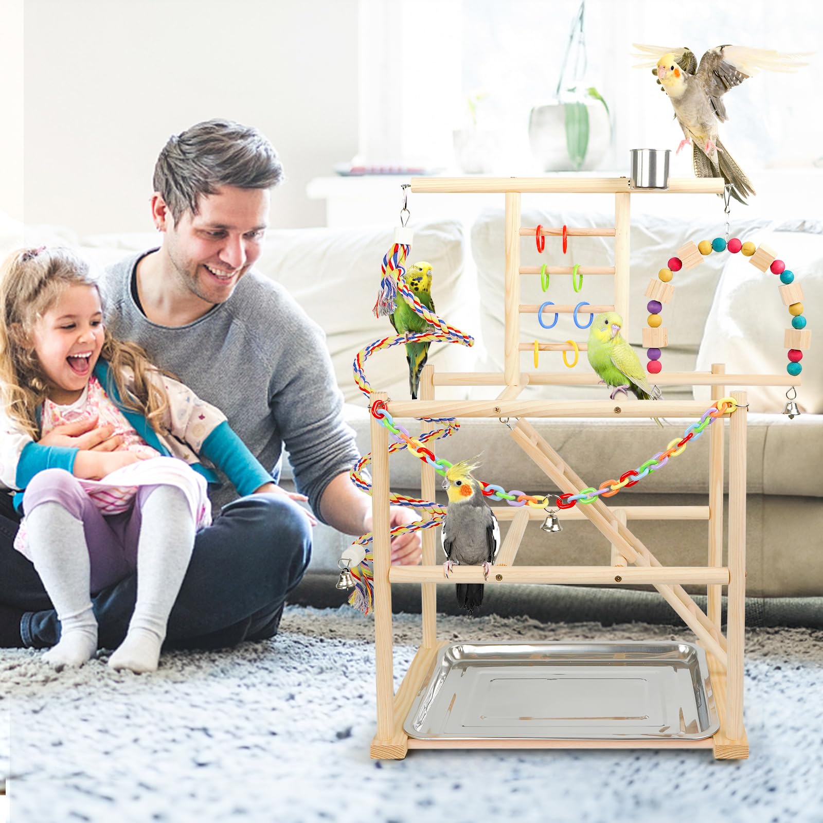 HPAWHOMEPART Bird Playground, Parrots Playstand for Small to Medium Birds, Perch Stand with 3 Ladders Playgym with Rope Perch, Swings Feeder Cups Bird Cage Accessories for Conure Cockatiel Lovebirds