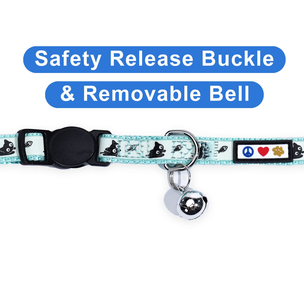 Pawtitas Glow in the Dark Cat Collar with Breakaway Safety Buckle & Bell Adjustable Kitten Collar, Set of 2 GID Teal/Black