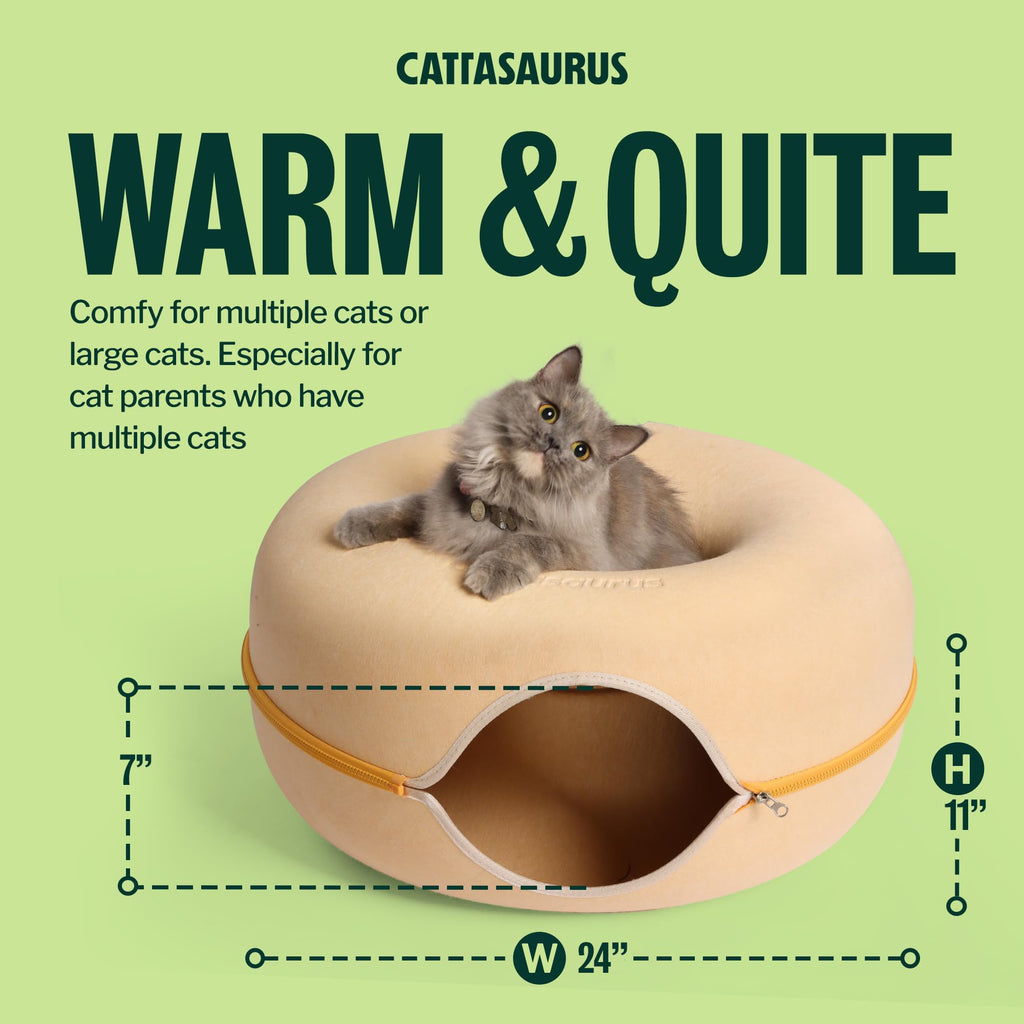 Cattasaurus Peekaboo Cat Cave Donut for Multiple & Large Cats up to 30-45 lbs, 3-in-1 Self Warming Cat Bed, Tunnel & Scratcher for Indoor Cats, Washable & Detachable Dog Bed (Pastel Macaron, Large)