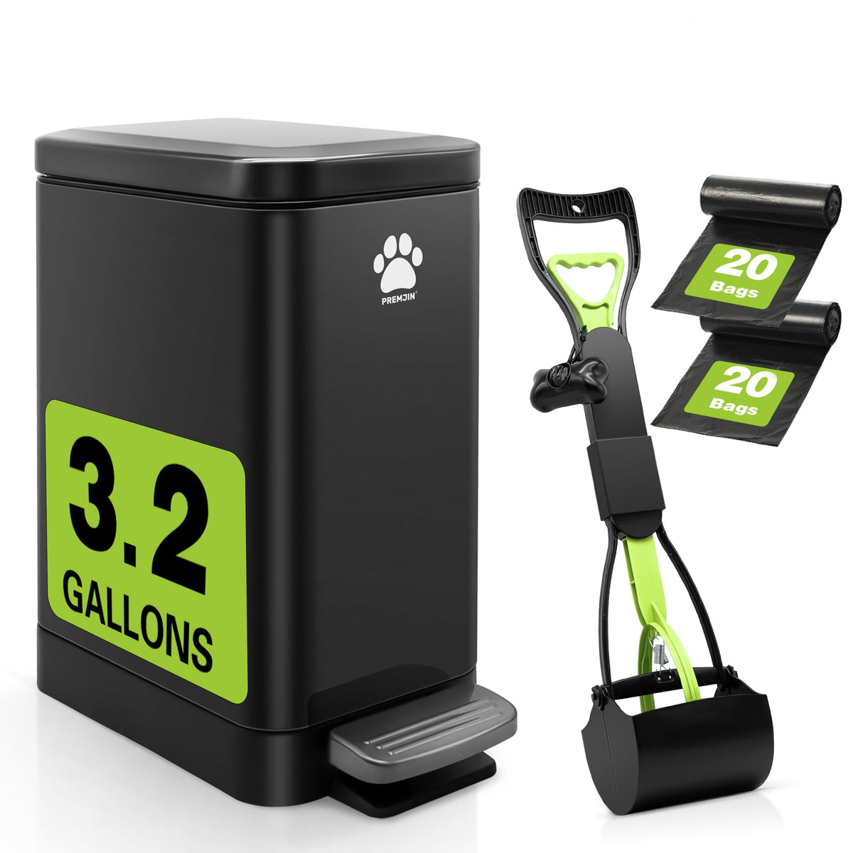 Dog Poop Trash Can with Scooper, 12L Outdoor Metal Waste Bin for Yard