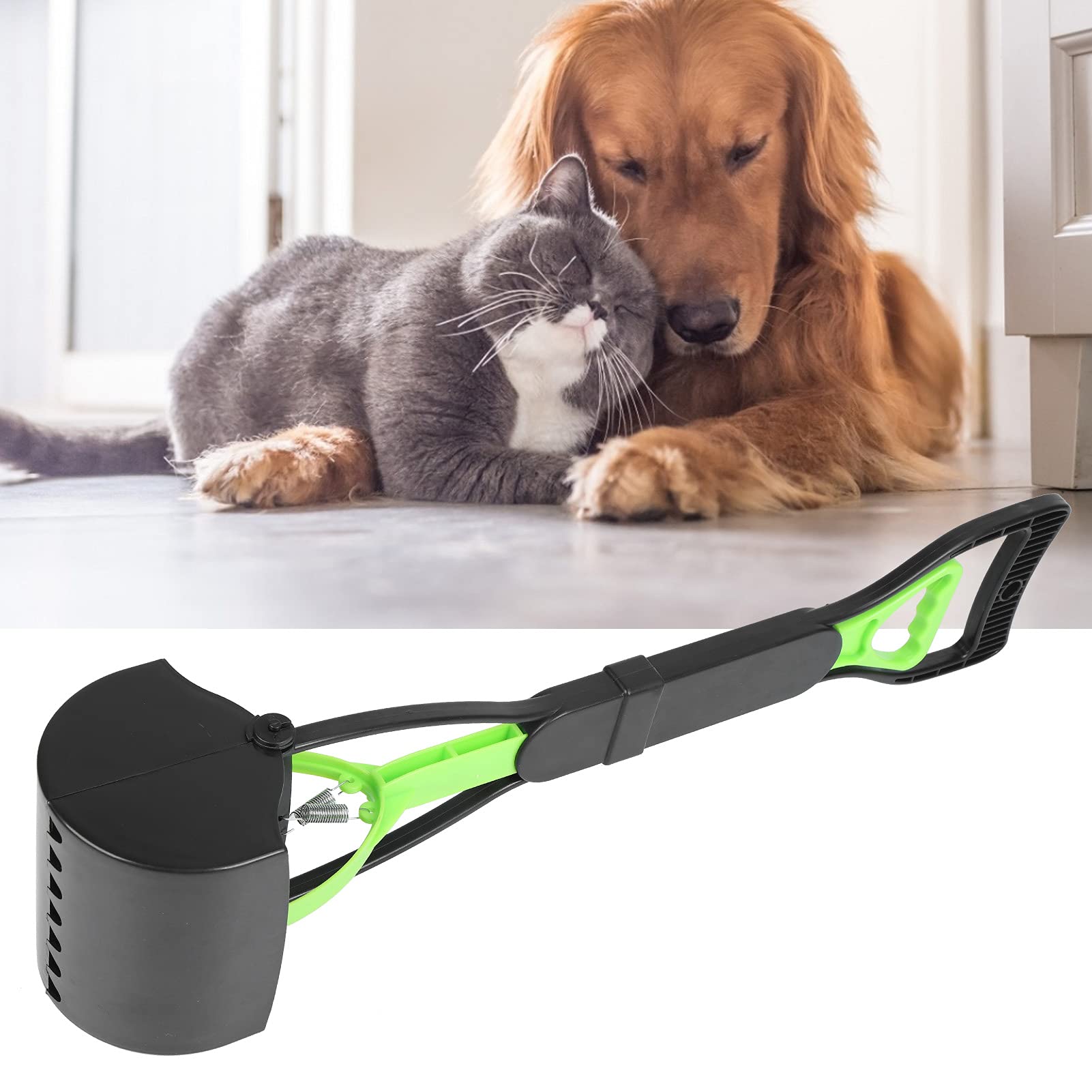 Pet Pooper Scooper, Long Handle Folding Poop Scoop, Stable Jaw Scoop Easy for Small Pet Poop, Pick Up Animal Waste Dog Puppy Cat Waste Picker Cleaning Tools Outdoor Dog Pooper Scooper(green+black)