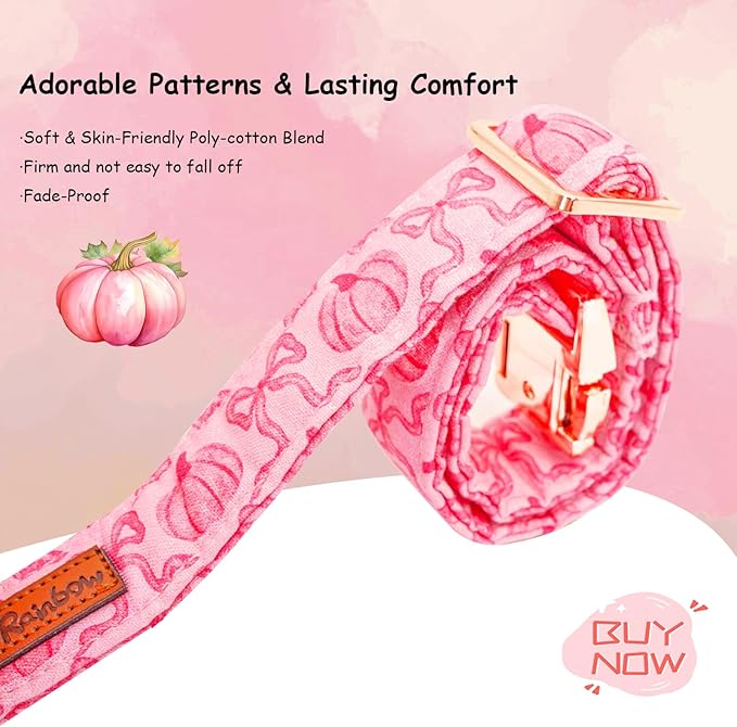 Dog Collar, Pink Pumpkin Print Adjustable Pet Collar Cute Cotton Soft Collars with Bow Tie Fall Metal Buckle Holiday Puppy Collars Boy&Girl Gift for X-Large Dogs