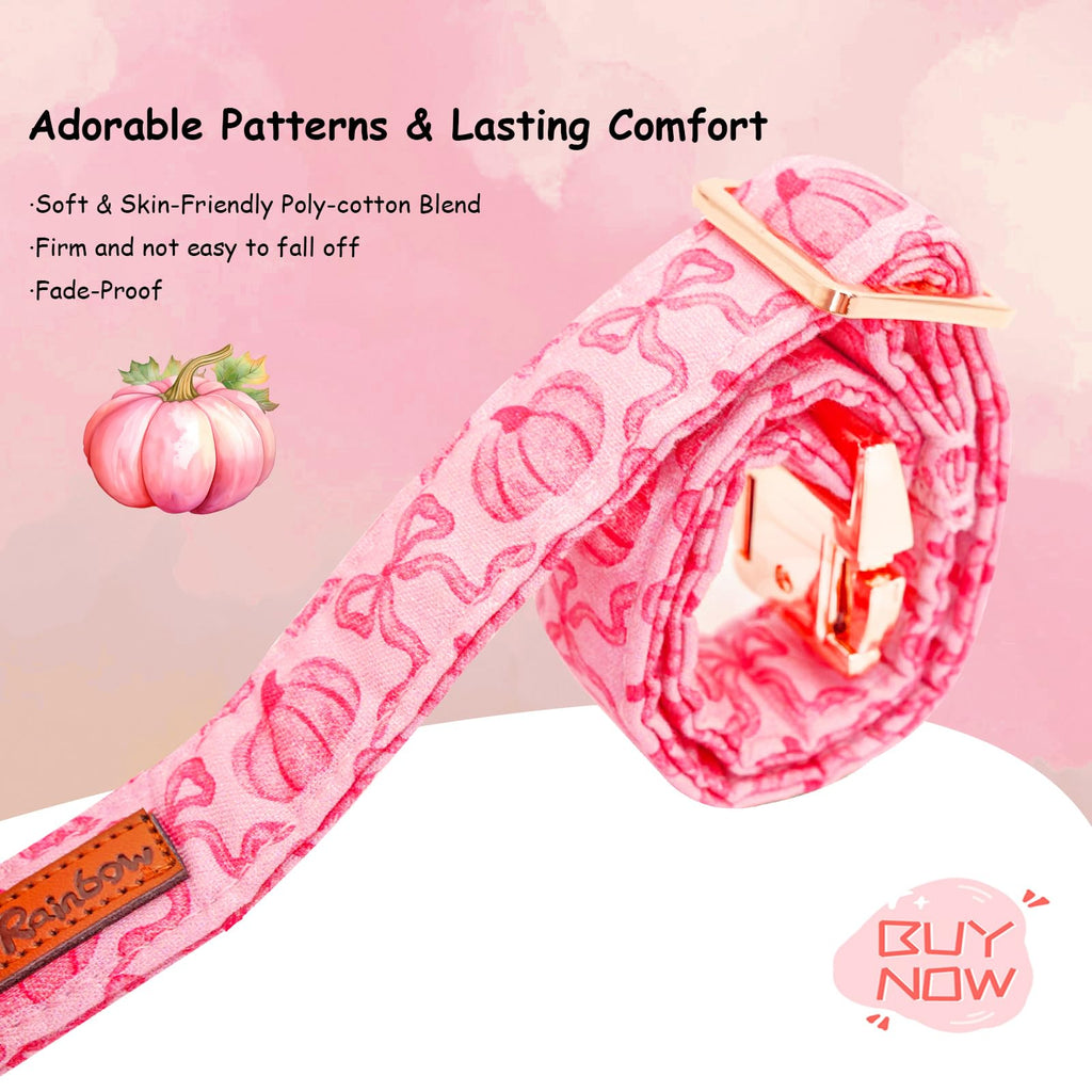 Bobo Rainbow Dog Collar, Pink Pumpkin Print Adjustable Pet Collar Cute Cotton Soft Collars with Bow Tie Fall Metal Buckle Holiday Puppy Collars Boy&Girl Gift for X-Small Dogs