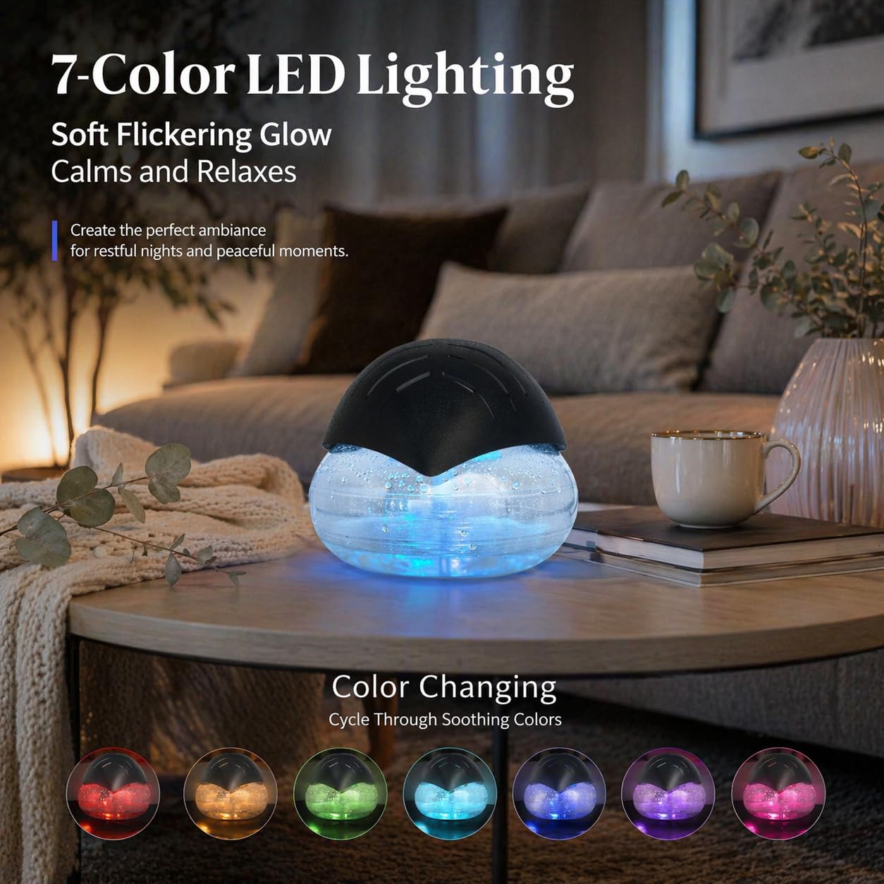 Air Freshener（Black） - for Home, Bedroom, Office and Warehouse - Essential Oil Aroma Diffuser with LED Color Night Light and Soothing Water Flow Sound - for Pets and Smokers.