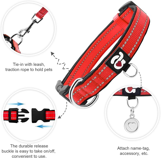 azuza Reflective Dog Collar with Airtag Holder, Soft Neoprene Padded Pet Collar with ID Tag Ring, Adjustable for Small Dogs,Red,S