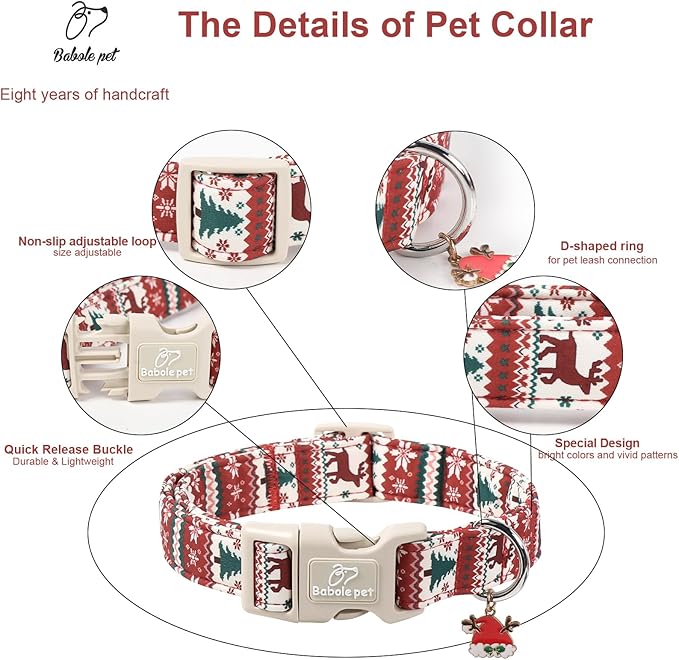 Babole Pet Christmas Dog Collar for Small Dogs - Cute Fair Isle Style Christmas Collars for Dogs, Soft Adjustable Winter Holiday Dog Collars with Quick Release Buckle S