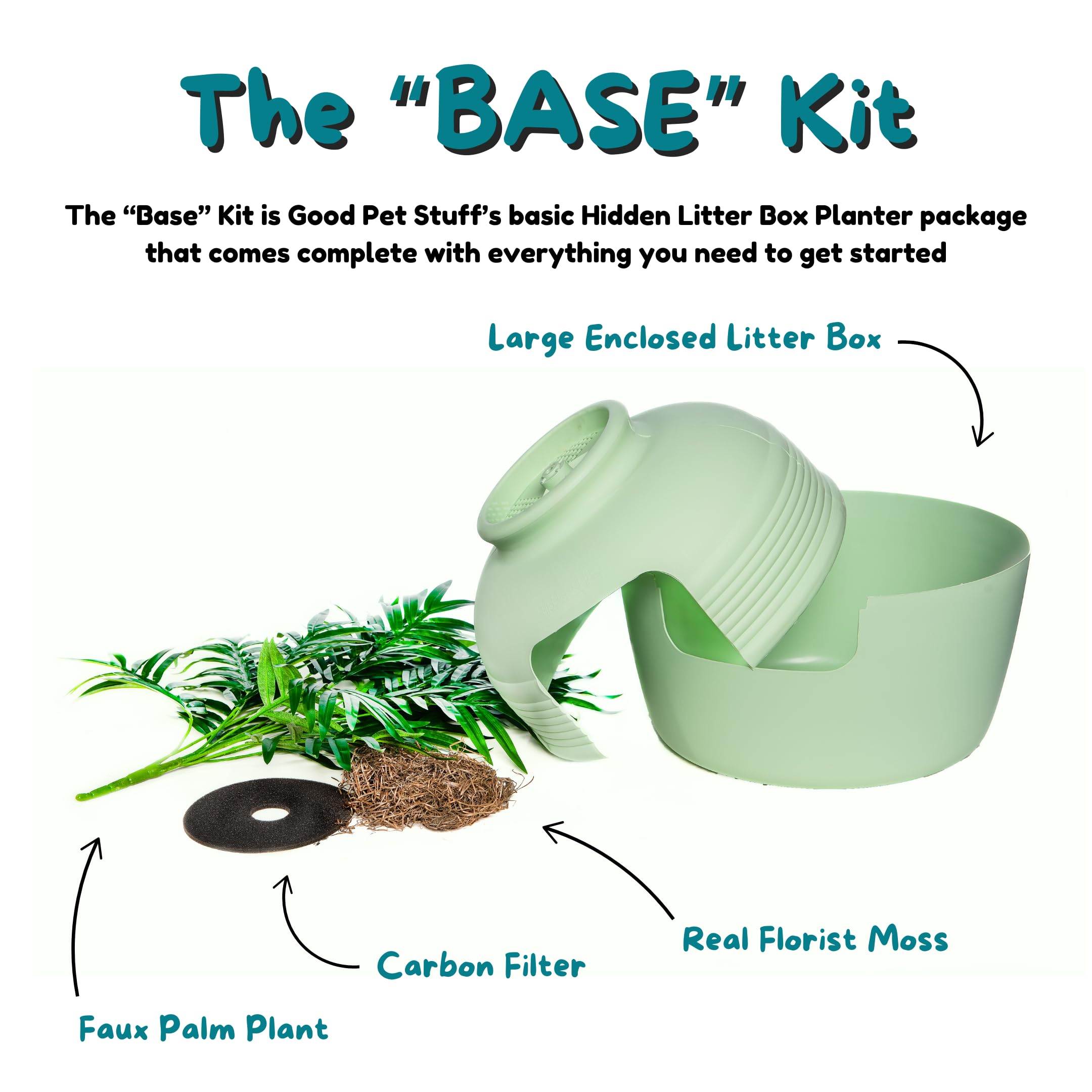 Good Pet Stuff Original Hidden Litter Box Planter, Decorative Cat Litter Enclosure, Carbon Filter, Faux Plant, Round Design, Easy to Clean, Base Kit, Palm Plant, Mint Green