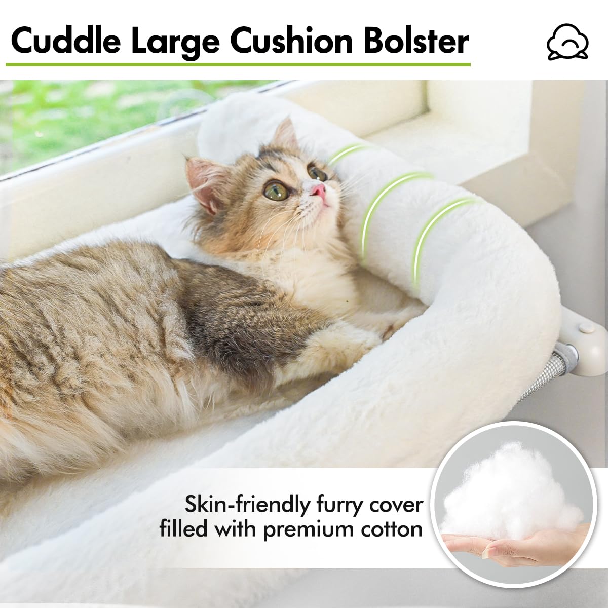 Zoratoo Cat Window Sill Perch with Large Bolster, Easy to Adjust & Assemble Cat Window Seat for Windowsill & Bedside, Pet Hammock Bed for Large Cats and Kittens (White, L)