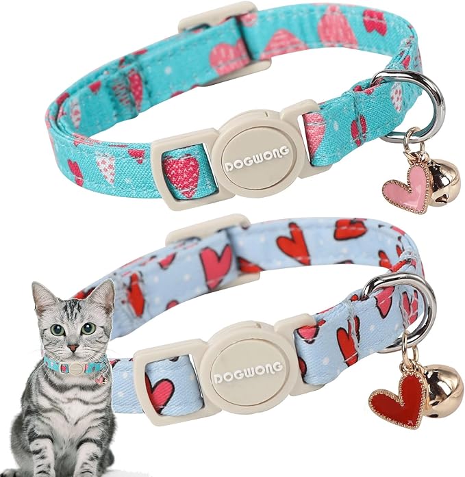 2 Pack Flower Cat Collars Breakaway with Bell, DOGWONG Safety Buckle Blue Plaid Cute Cat Collar for Girl Boy Cats，Adjustable 7-12 Inch