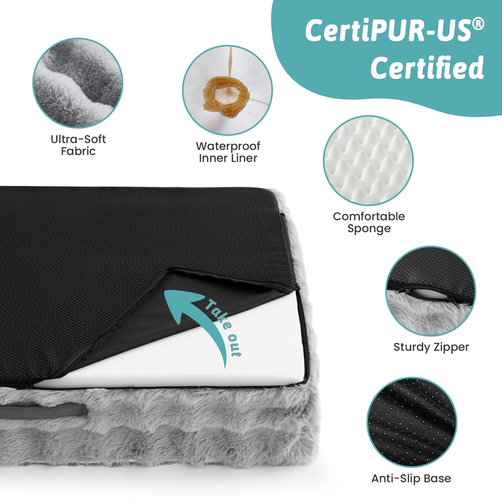 Faux Fur Orthopedic Dog Bed, Extra Large Dog Bed, Supportive Foam Pet Sofa with Waterproof Lining Cover, Washable U-Shaped Pet Couch with Anti-Slip Bottom Design, Grey XXL 48x32x8 inch