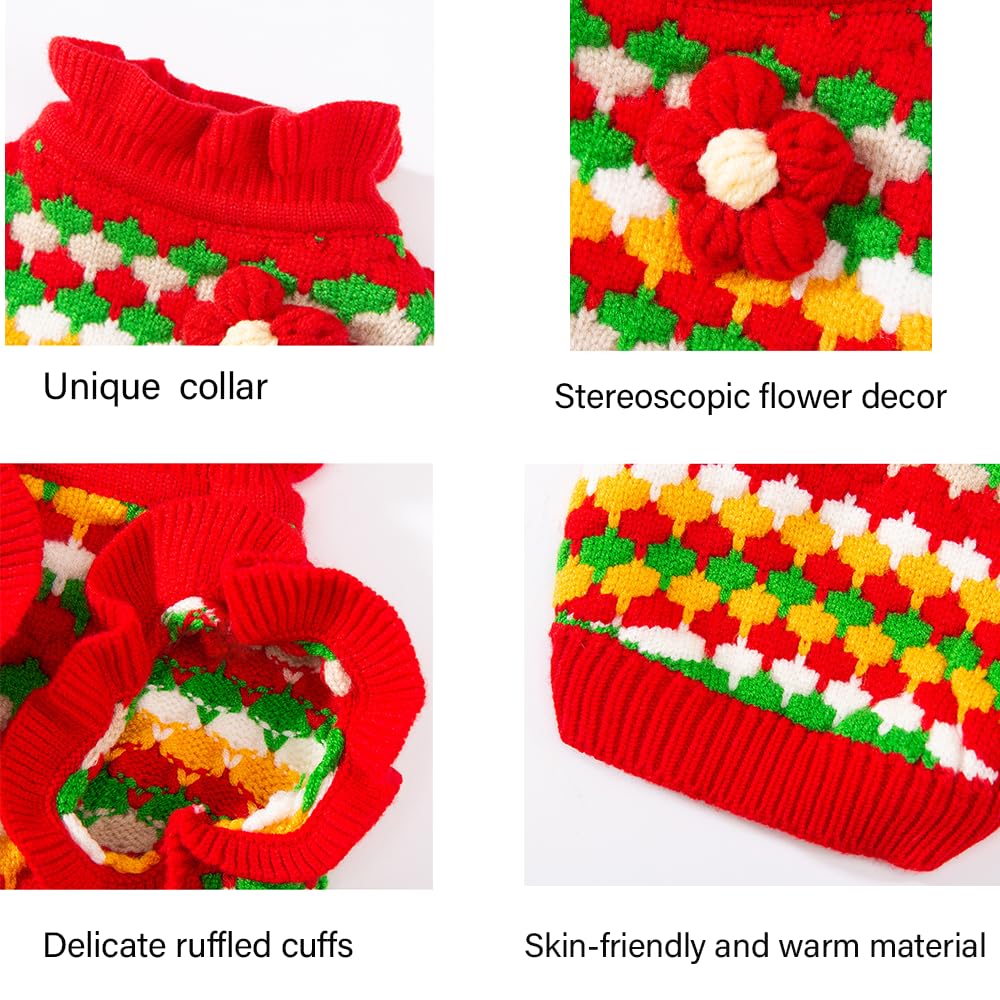 Anelekor Small Dog Sweater, Knitted Tulip Cat Sweater, Warm Thick Holiday Puppy Clothes for Small Dog Girl,Cold Weather Outfit for Kitten Chihuahua Yorkie Teacup Dachshund Pug (Red, X-Small)