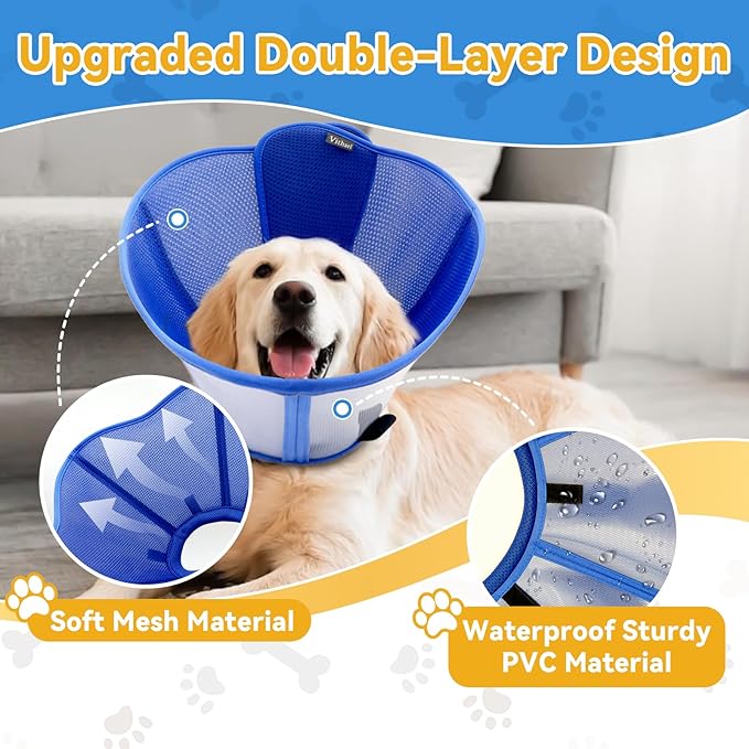 Upgraded Dog Cone Collar for Large Medium Dogs, Soft Dog Cone with Double-Layer Design, Adjustable Pet Recovery Collar for Dogs After Surgery, Elizabethan Collar (L, Blue)