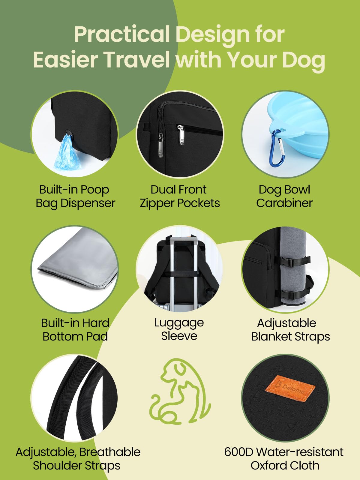 DELOMO Dog Travel Bag, 25L Airline Approved Dog Travel Backpack Set, Black