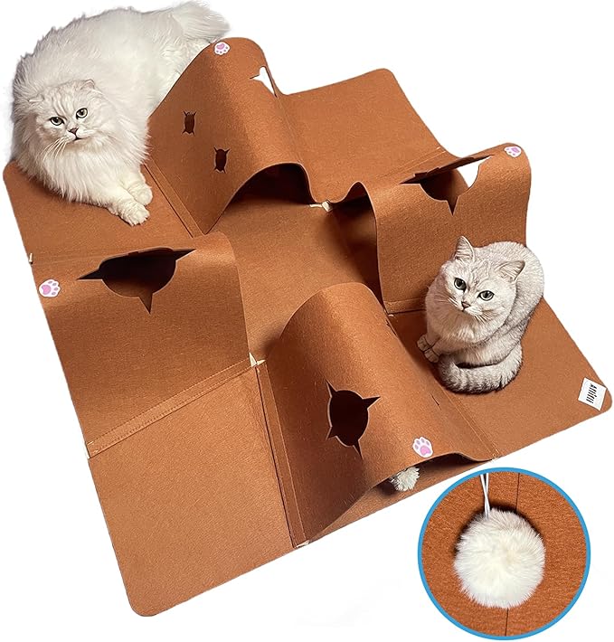 4-Way Cat Tunnel for Indoor Cats, Interactive Toy with Plush Ball