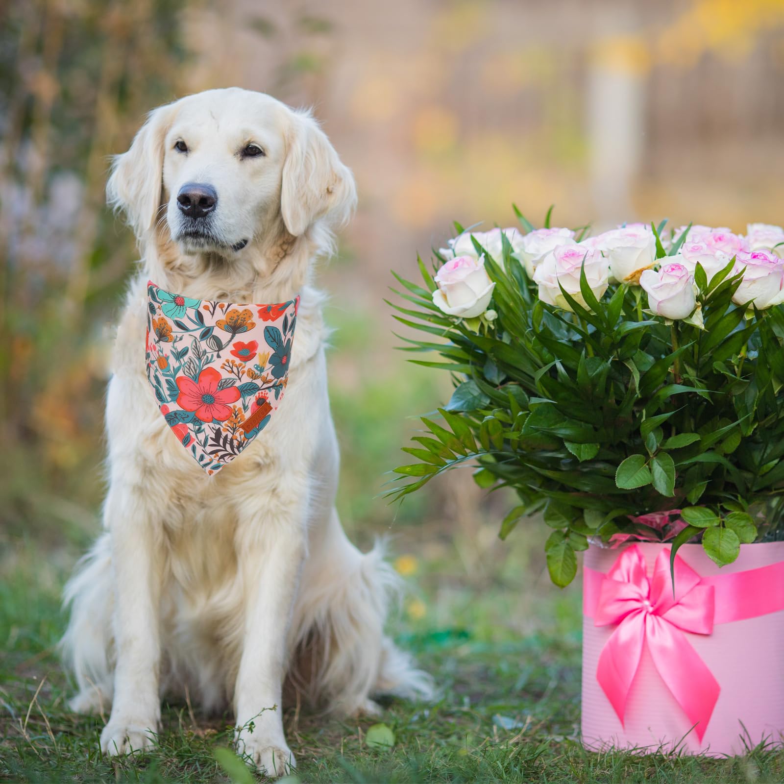 PTDECOR Spring Floral Dog Bandana, Flower Pet Scarf, X-Large