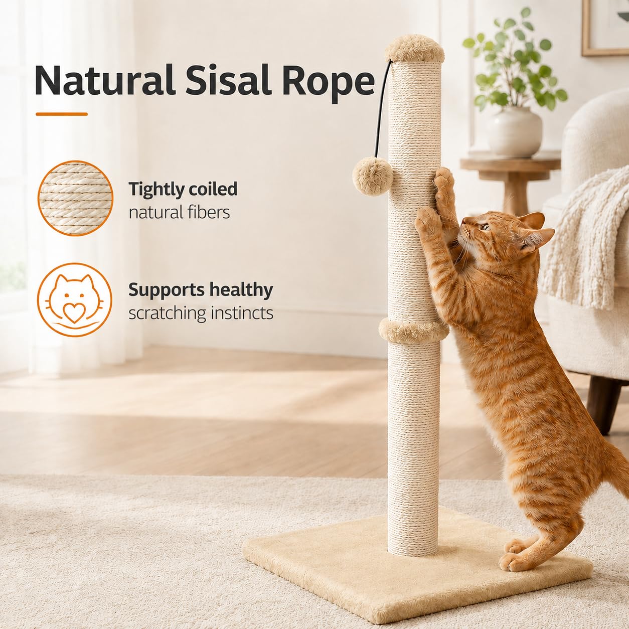 Dimaka 29" Height Tall Cat Scratching Post, Claw Scratcher with Sisal Rope and Covered with Soft Smooth Plush, Vertical Scratch [Full Strectch] for Standard Size Cats (Light Brown, 29 inches)