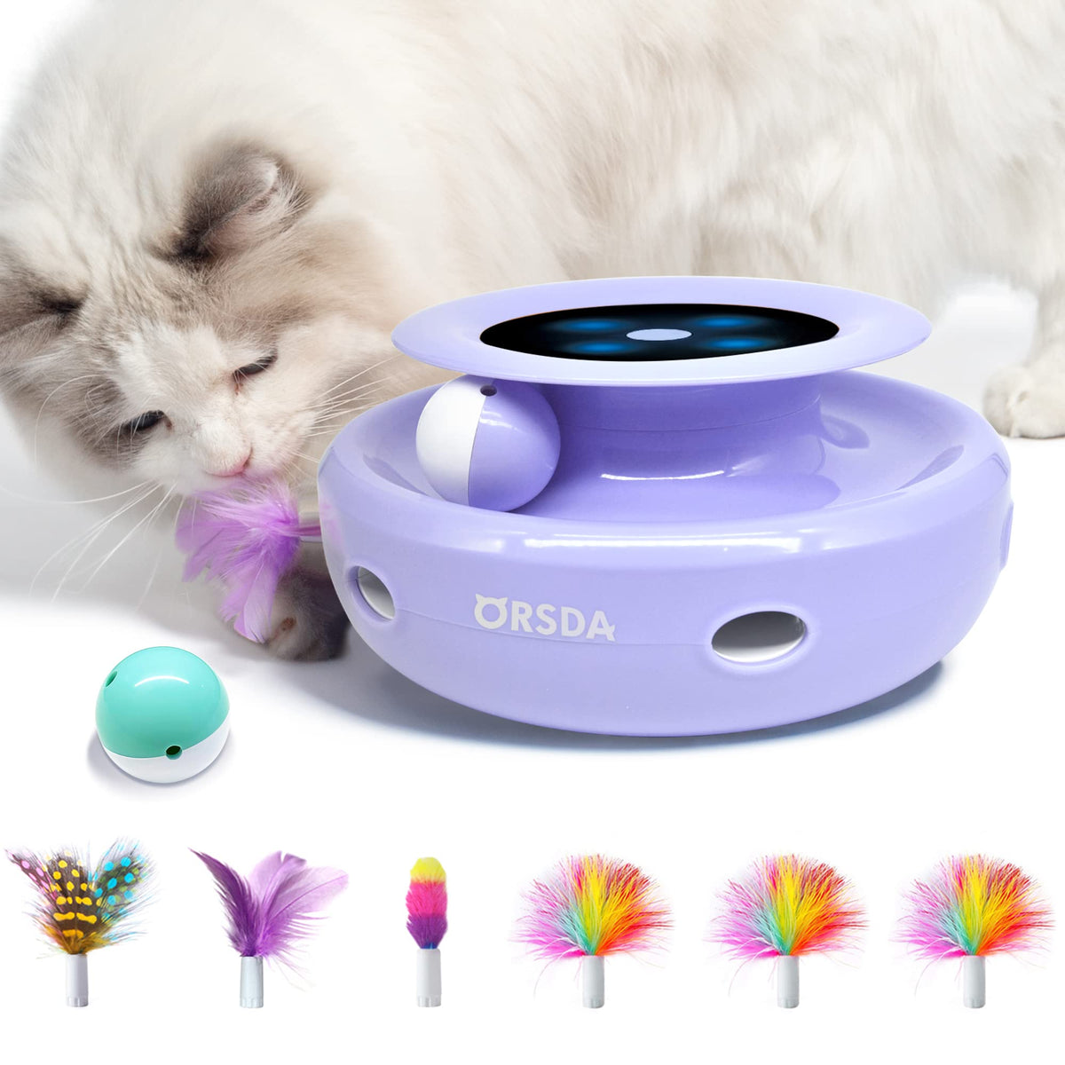 ORSDA 2in1 Interactive Toys for Indoor Cats, Timer Auto On/Off, Cat Toy Balls & Ambush Electronic Cat Mice Toy for Entertainment with 6pcs Feathers, Dual Power Supplies