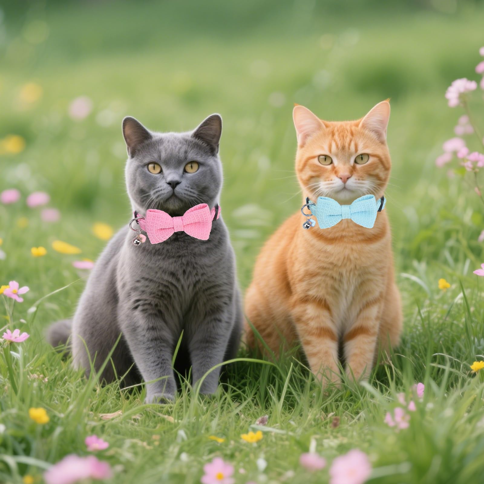 DILLYBUD Cat Collar Breakaway with Bells, Soft Cotton Pink Cat Bowtie Collar for Girl Cats, Small Cats Collar with Bow for Spring Summer, 2 Pack Cute Kitten Collars with Removable Bowtie 8-12Inch