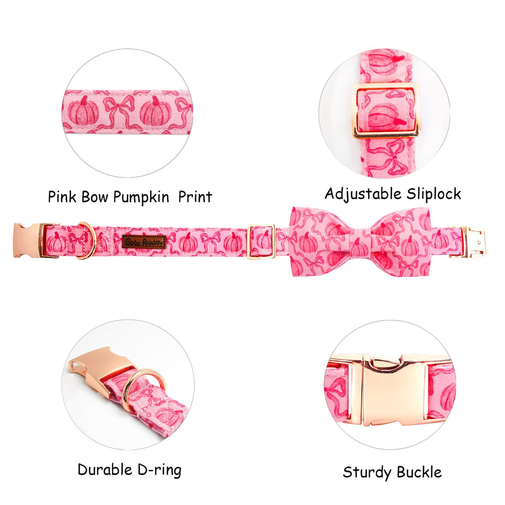 Bobo Rainbow Dog Collar, Pink Pumpkin Print Adjustable Pet Collar Cute Cotton Soft Collars with Bow Tie Fall Metal Buckle Holiday Puppy Collars Boy&Girl Gift for X-Small Dogs