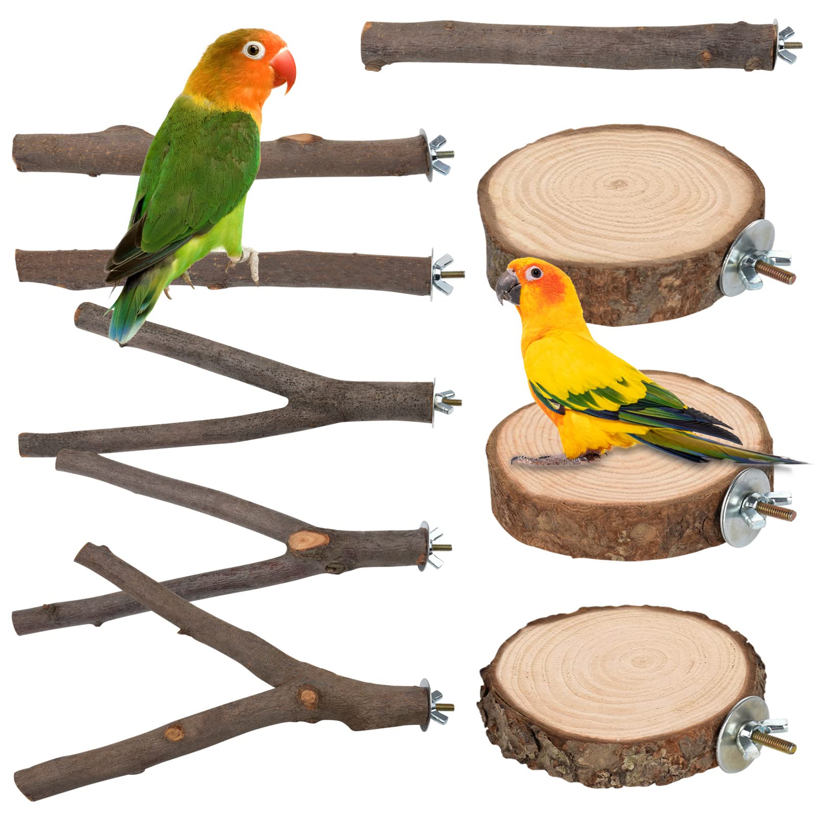 9 PCS Natural Wood Bird Perch, Wooden Parrot Perch Stand