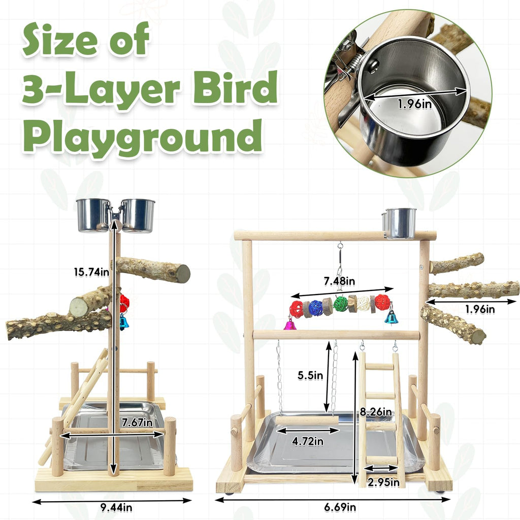 kathson Bird Playground Parrot Perch Stand Toys, Birds Wood Play Gym Activity Center Exercise Playpen Ladder Swing with Feeder Cups Chewing Toy(Include a Tray)