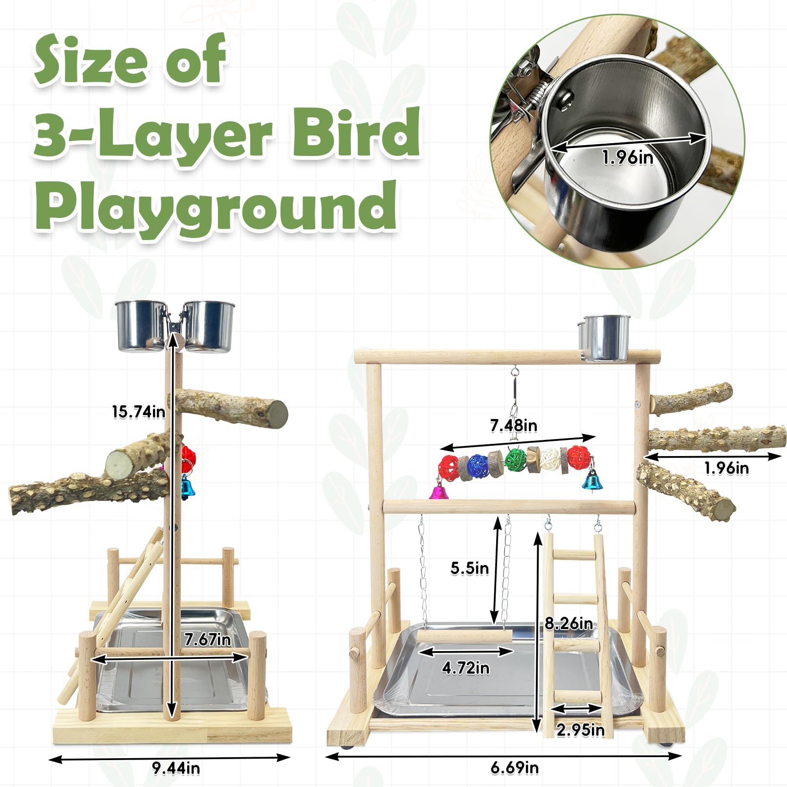 kathson Bird Playground Parrot Perch Stand Toys, Birds Wood Play Gym Activity Center Exercise Playpen Ladder Swing with Feeder Cups Chewing Toy(Include a Tray)