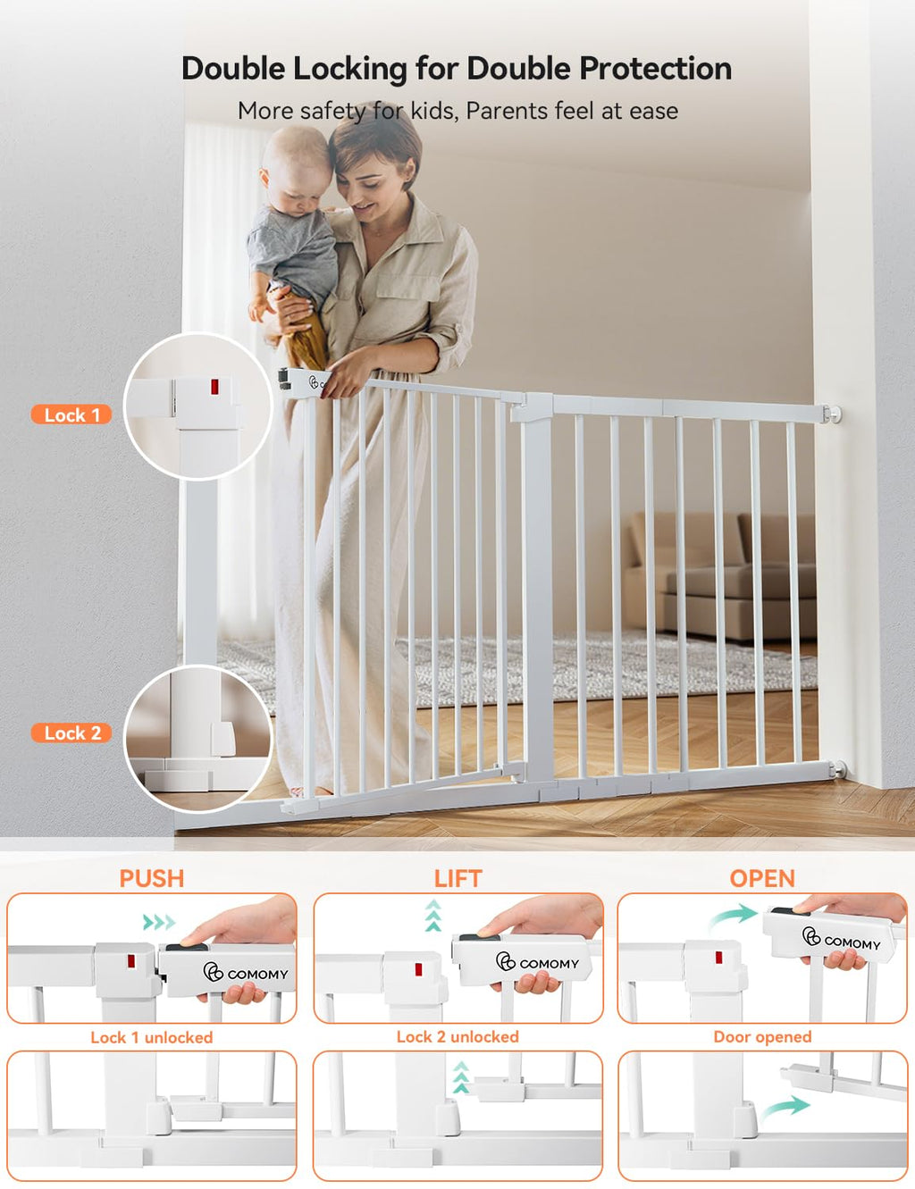 COMOMY 30" Tall Baby Gate for Stairs Doorways, Fits 29.5" to 51.6" Openings