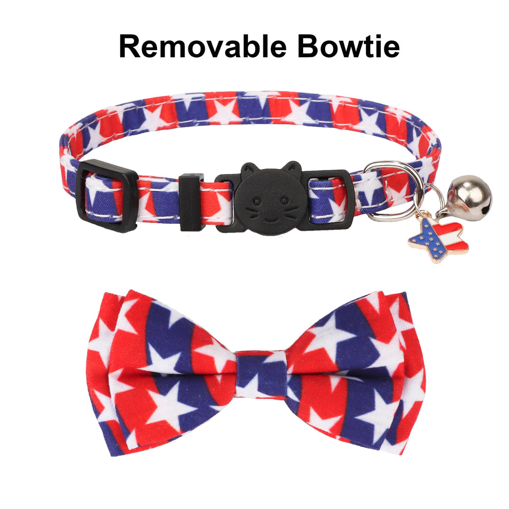ADOGGYGO American Flag Cat Collar Breakaway with Bow Tie Bell - 2 Pack 4th of July Kitten Collar with Removable Bowtie Red Blue American Flag Collars for Cat Kitten